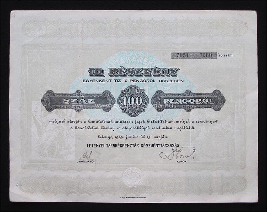 Letenyei Takarkpnztr rszvny 100 peng 1929
